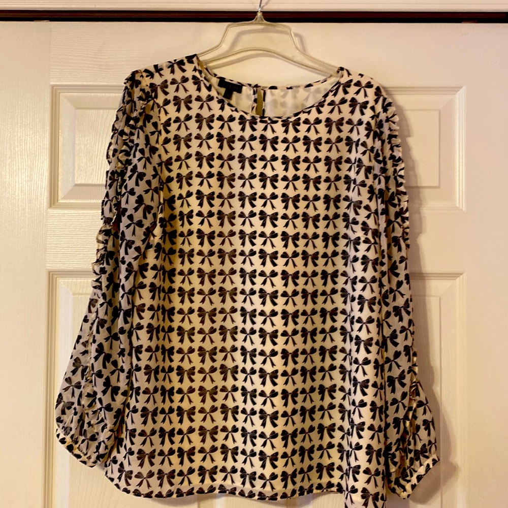 Talbots Bow Print Long Sleeve Blouse - Black on Cream